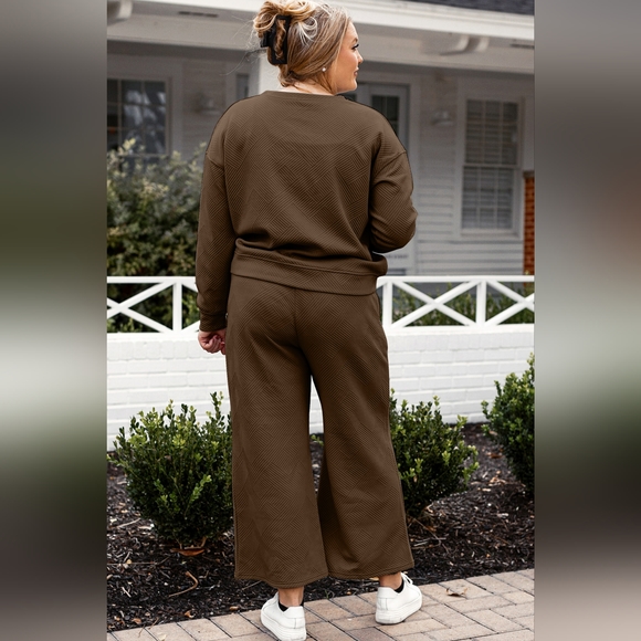 Double Take Chestnut Full Size Textured Long Sleeve Top and Drawstring Pants Set - Picture 2 of 4